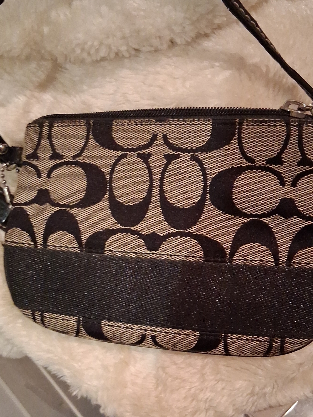Coach Black and Tan Signature Canvas Wristlet with Leather Trim
